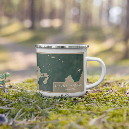 Right View Custom Cormorant Lake Manitoba Map Enamel Mug in Afternoon on Grass With Trees in Background