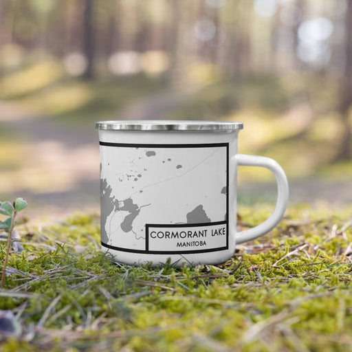 Right View Custom Cormorant Lake Manitoba Map Enamel Mug in Classic on Grass With Trees in Background