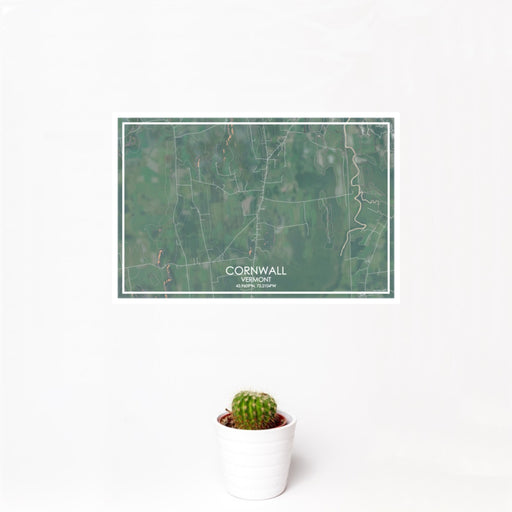 12x18 Cornwall Vermont Map Print Landscape Orientation in Afternoon Style With Small Cactus Plant in White Planter