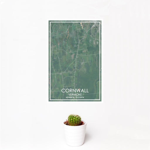 12x18 Cornwall Vermont Map Print Portrait Orientation in Afternoon Style With Small Cactus Plant in White Planter
