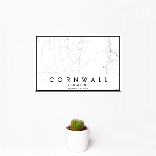 12x18 Cornwall Vermont Map Print Landscape Orientation in Classic Style With Small Cactus Plant in White Planter
