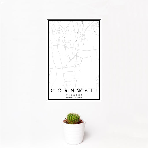 12x18 Cornwall Vermont Map Print Portrait Orientation in Classic Style With Small Cactus Plant in White Planter