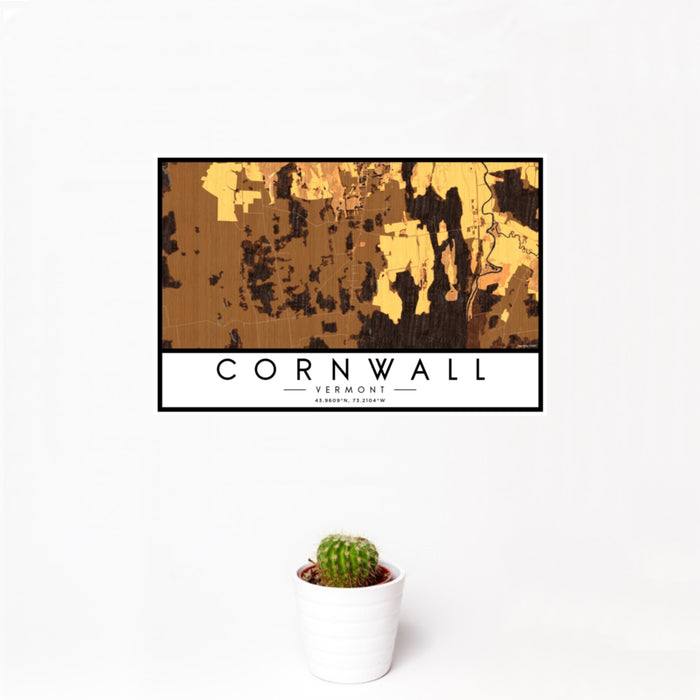 12x18 Cornwall Vermont Map Print Landscape Orientation in Ember Style With Small Cactus Plant in White Planter