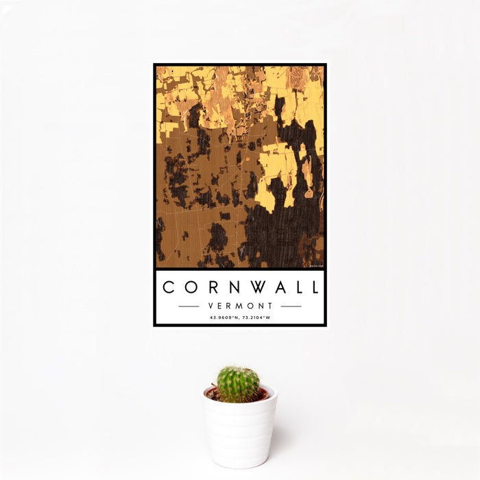 12x18 Cornwall Vermont Map Print Portrait Orientation in Ember Style With Small Cactus Plant in White Planter