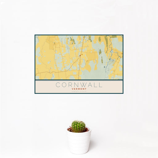 12x18 Cornwall Vermont Map Print Landscape Orientation in Woodblock Style With Small Cactus Plant in White Planter