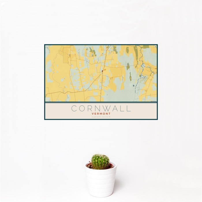 12x18 Cornwall Vermont Map Print Landscape Orientation in Woodblock Style With Small Cactus Plant in White Planter
