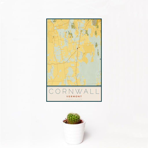 12x18 Cornwall Vermont Map Print Portrait Orientation in Woodblock Style With Small Cactus Plant in White Planter
