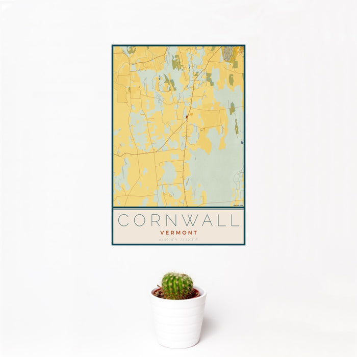 12x18 Cornwall Vermont Map Print Portrait Orientation in Woodblock Style With Small Cactus Plant in White Planter