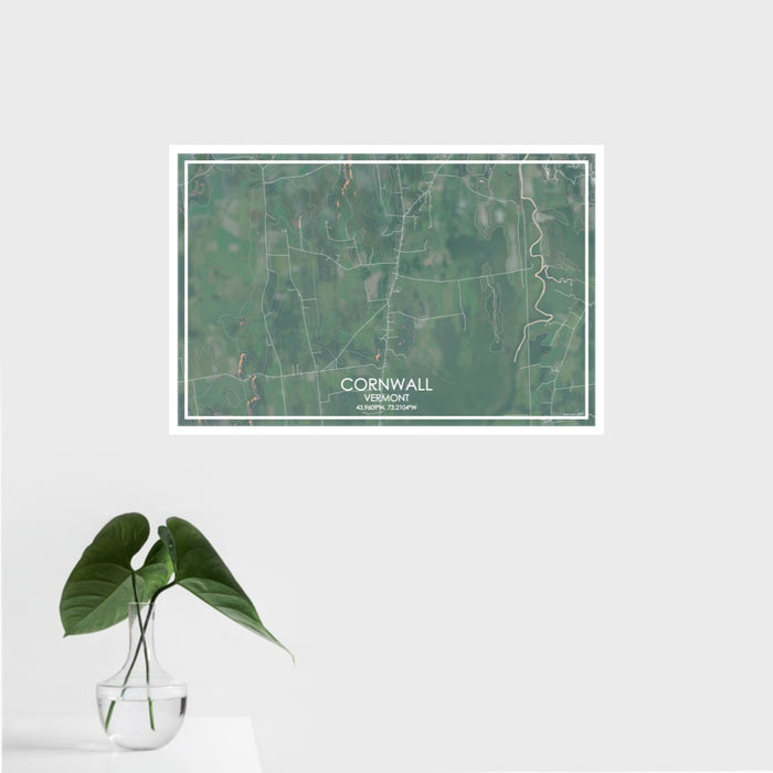 16x24 Cornwall Vermont Map Print Landscape Orientation in Afternoon Style With Tropical Plant Leaves in Water