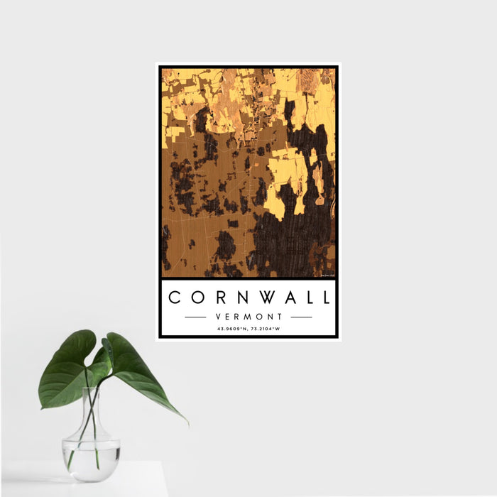 16x24 Cornwall Vermont Map Print Portrait Orientation in Ember Style With Tropical Plant Leaves in Water