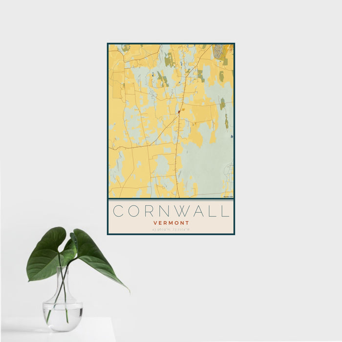 16x24 Cornwall Vermont Map Print Portrait Orientation in Woodblock Style With Tropical Plant Leaves in Water