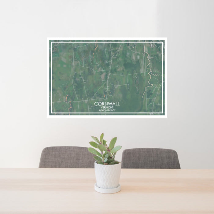 24x36 Cornwall Vermont Map Print Lanscape Orientation in Afternoon Style Behind 2 Chairs Table and Potted Plant