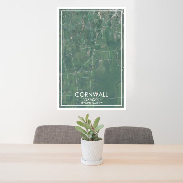 24x36 Cornwall Vermont Map Print Portrait Orientation in Afternoon Style Behind 2 Chairs Table and Potted Plant