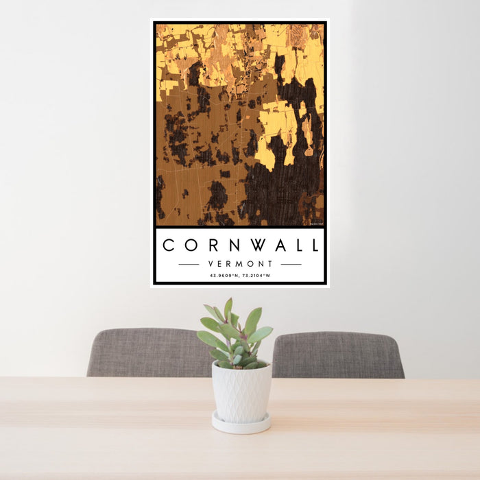 24x36 Cornwall Vermont Map Print Portrait Orientation in Ember Style Behind 2 Chairs Table and Potted Plant