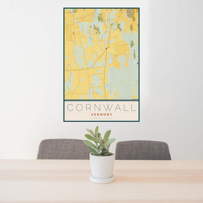 24x36 Cornwall Vermont Map Print Portrait Orientation in Woodblock Style Behind 2 Chairs Table and Potted Plant