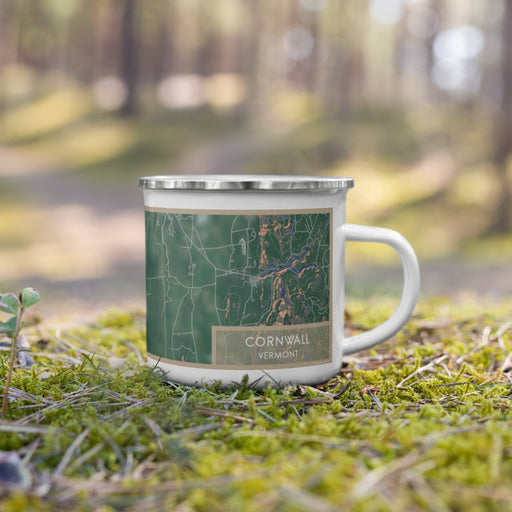 Right View Custom Cornwall Vermont Map Enamel Mug in Afternoon on Grass With Trees in Background