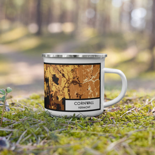 Right View Custom Cornwall Vermont Map Enamel Mug in Ember on Grass With Trees in Background