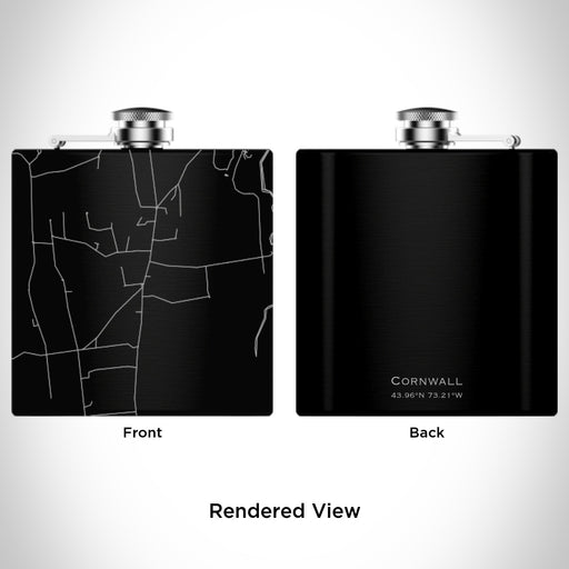 Rendered View of Cornwall Vermont Map Engraving on 6oz Stainless Steel Flask in Black