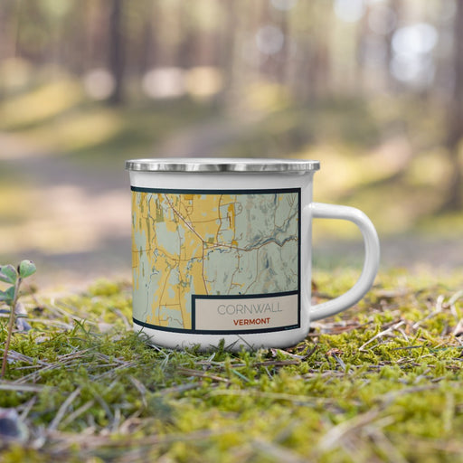 Right View Custom Cornwall Vermont Map Enamel Mug in Woodblock on Grass With Trees in Background