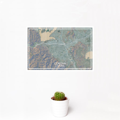 12x18 Corona California Map Print Landscape Orientation in Afternoon Style With Small Cactus Plant in White Planter