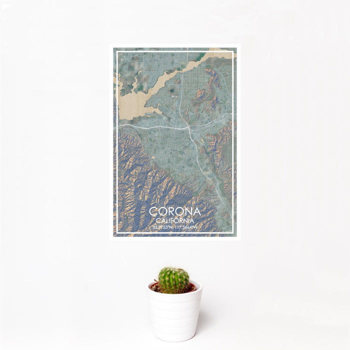 12x18 Corona California Map Print Portrait Orientation in Afternoon Style With Small Cactus Plant in White Planter
