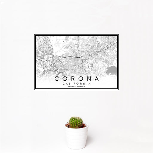 12x18 Corona California Map Print Landscape Orientation in Classic Style With Small Cactus Plant in White Planter