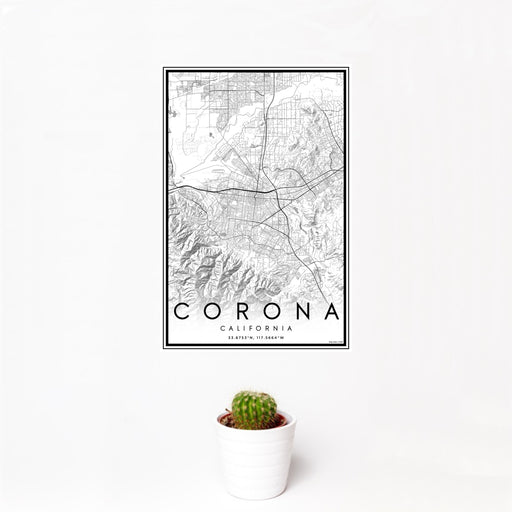 12x18 Corona California Map Print Portrait Orientation in Classic Style With Small Cactus Plant in White Planter
