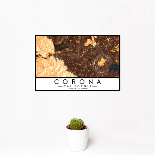 12x18 Corona California Map Print Landscape Orientation in Ember Style With Small Cactus Plant in White Planter