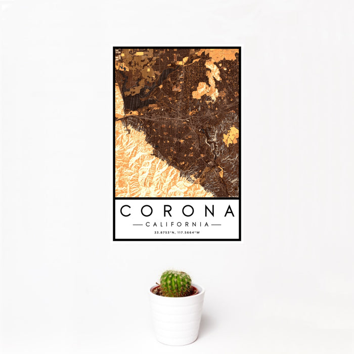 12x18 Corona California Map Print Portrait Orientation in Ember Style With Small Cactus Plant in White Planter