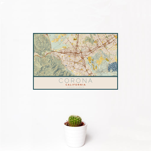 12x18 Corona California Map Print Landscape Orientation in Woodblock Style With Small Cactus Plant in White Planter