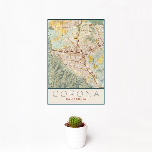 12x18 Corona California Map Print Portrait Orientation in Woodblock Style With Small Cactus Plant in White Planter
