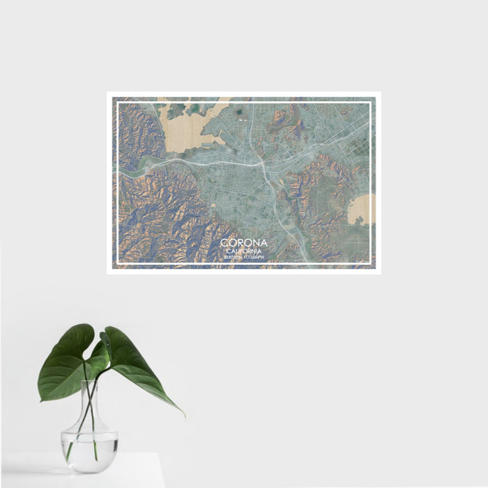 16x24 Corona California Map Print Landscape Orientation in Afternoon Style With Tropical Plant Leaves in Water