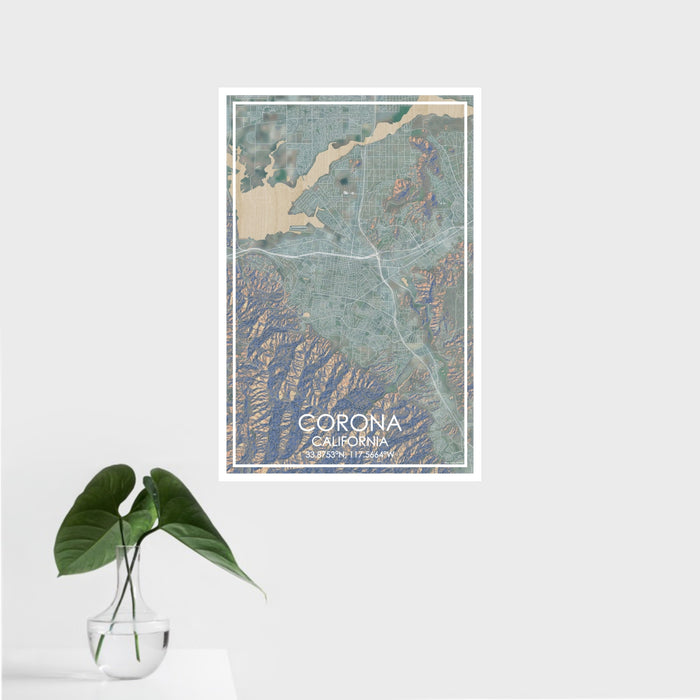 16x24 Corona California Map Print Portrait Orientation in Afternoon Style With Tropical Plant Leaves in Water