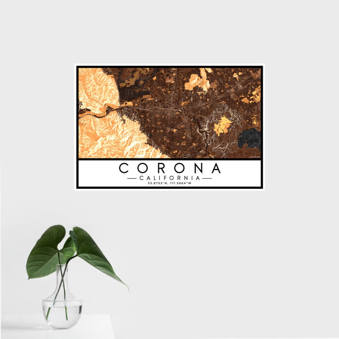 16x24 Corona California Map Print Landscape Orientation in Ember Style With Tropical Plant Leaves in Water