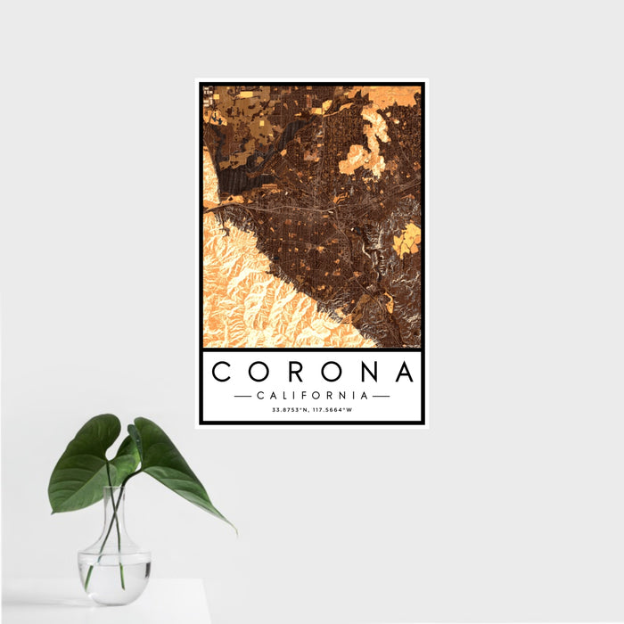 16x24 Corona California Map Print Portrait Orientation in Ember Style With Tropical Plant Leaves in Water