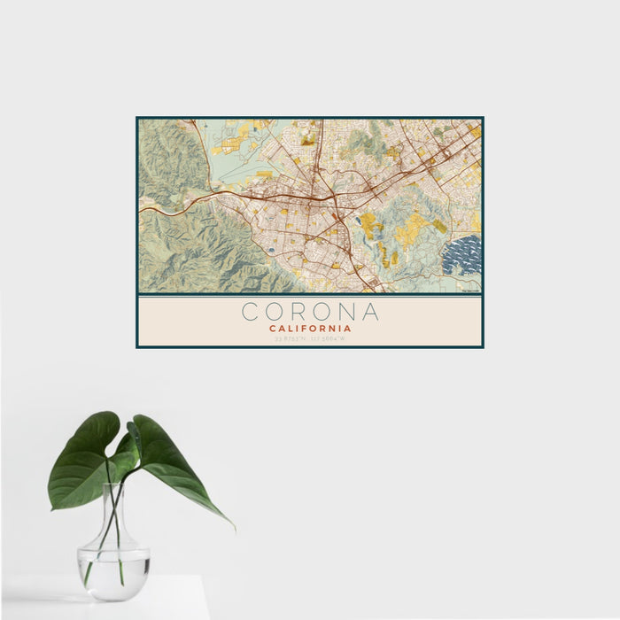 16x24 Corona California Map Print Landscape Orientation in Woodblock Style With Tropical Plant Leaves in Water