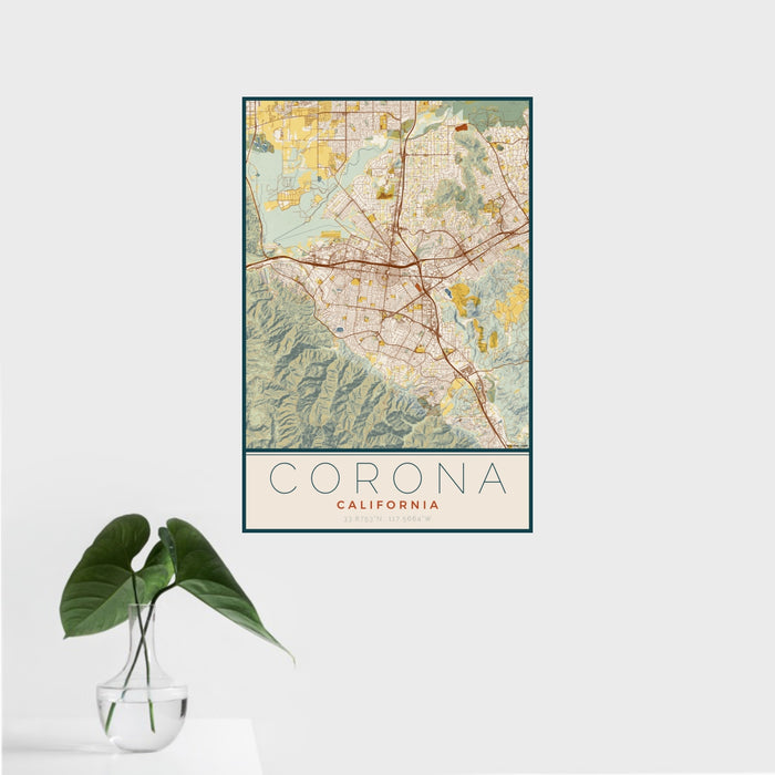 16x24 Corona California Map Print Portrait Orientation in Woodblock Style With Tropical Plant Leaves in Water