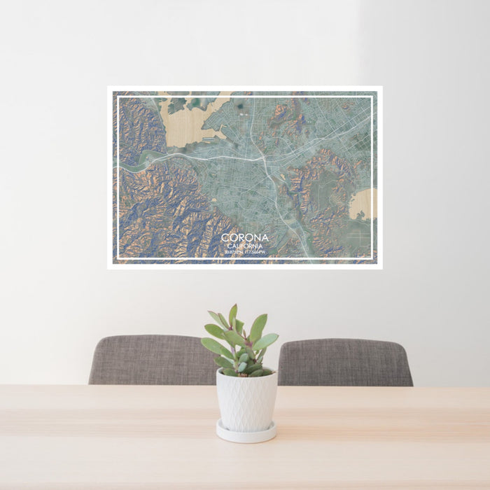 24x36 Corona California Map Print Lanscape Orientation in Afternoon Style Behind 2 Chairs Table and Potted Plant