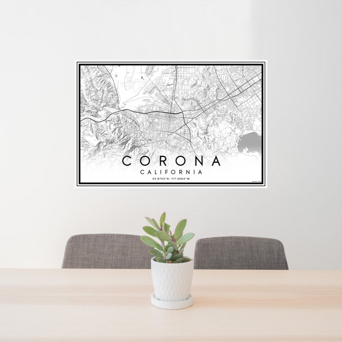 24x36 Corona California Map Print Lanscape Orientation in Classic Style Behind 2 Chairs Table and Potted Plant