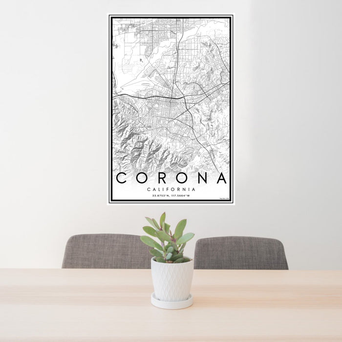 24x36 Corona California Map Print Portrait Orientation in Classic Style Behind 2 Chairs Table and Potted Plant