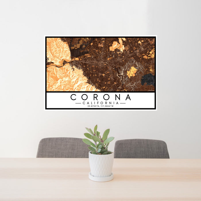 24x36 Corona California Map Print Lanscape Orientation in Ember Style Behind 2 Chairs Table and Potted Plant