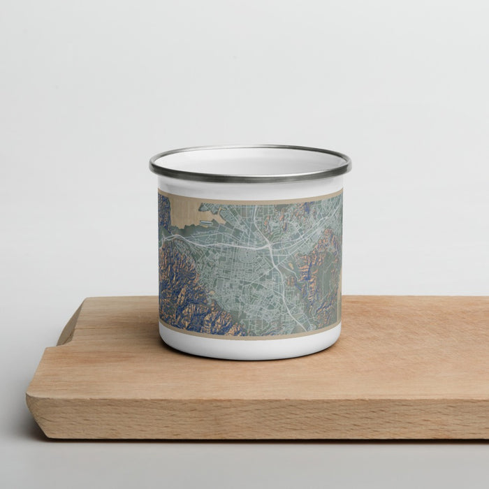 Front View Custom Corona California Map Enamel Mug in Afternoon on Cutting Board