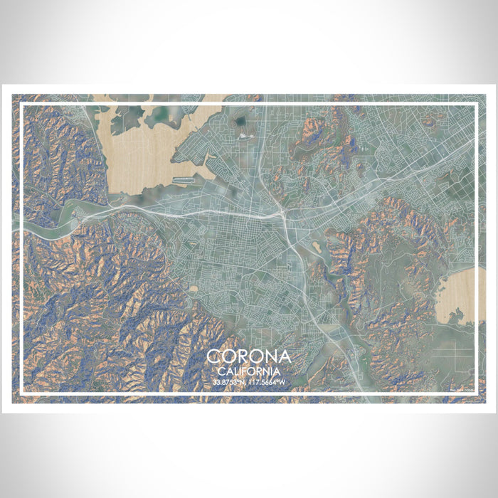 Corona California Map Print Landscape Orientation in Afternoon Style With Shaded Background