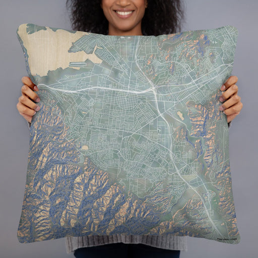 Person holding 22x22 Custom Corona California Map Throw Pillow in Afternoon