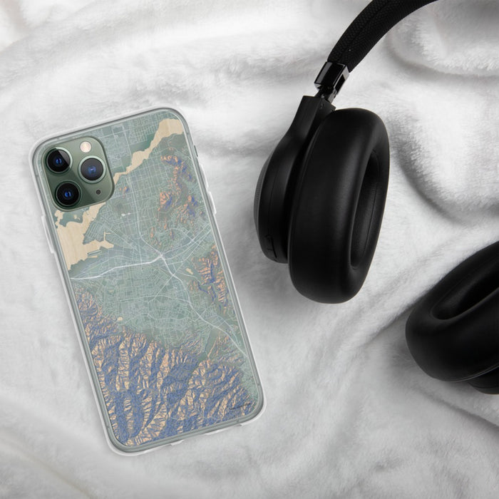 Custom Corona California Map Phone Case in Afternoon on Table with Black Headphones