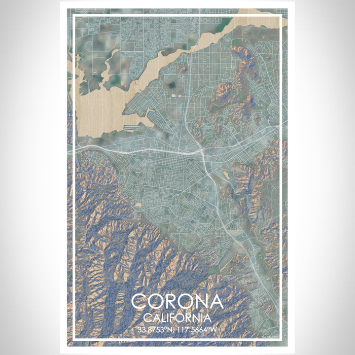 Corona California Map Print Portrait Orientation in Afternoon Style With Shaded Background