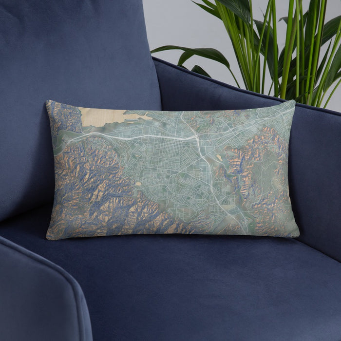 Custom Corona California Map Throw Pillow in Afternoon on Blue Colored Chair