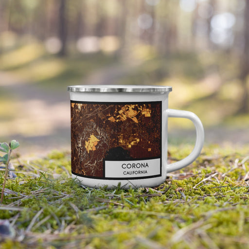 Right View Custom Corona California Map Enamel Mug in Ember on Grass With Trees in Background