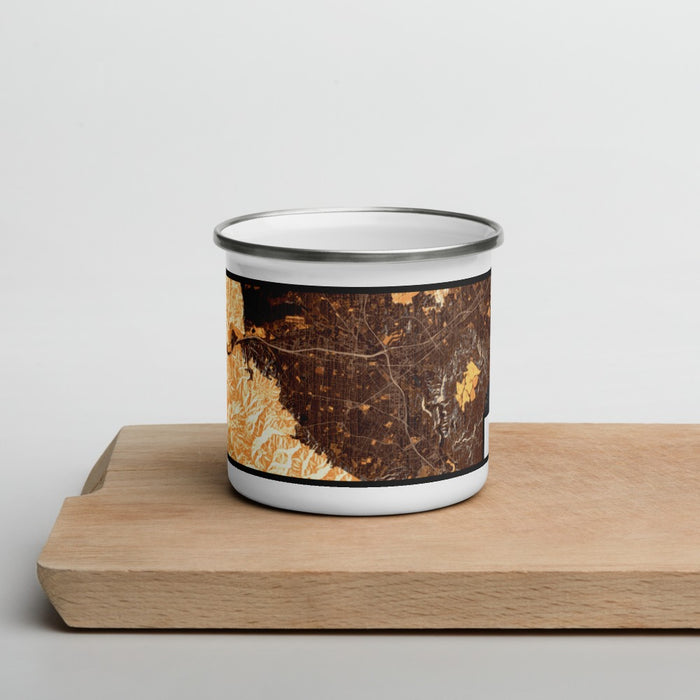 Front View Custom Corona California Map Enamel Mug in Ember on Cutting Board