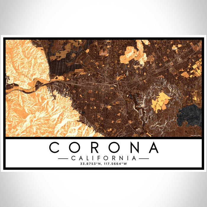 Corona California Map Print Landscape Orientation in Ember Style With Shaded Background